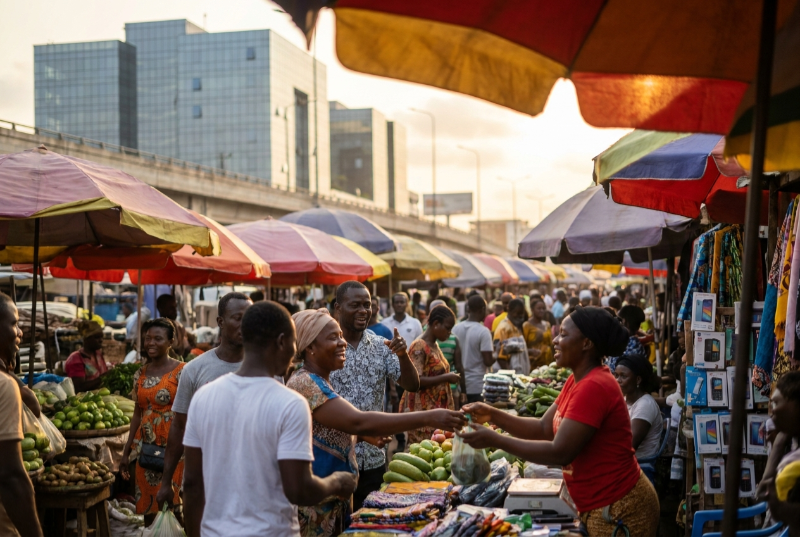 Ghanaians smiling while using digital payments at a stall