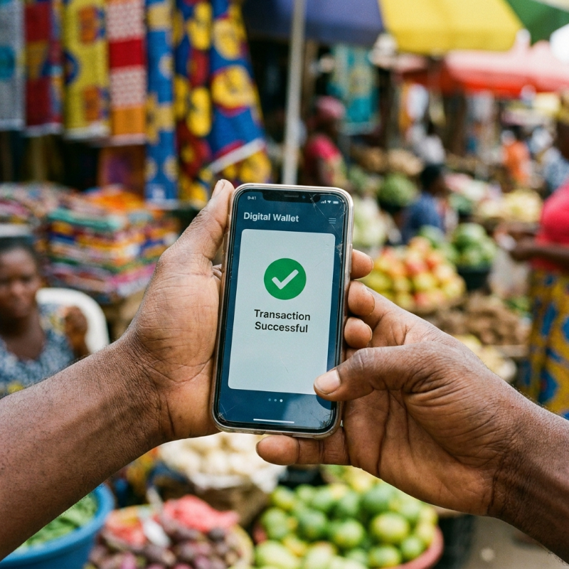 Hand holding smartphone with HSB app active in a vibrant Accra market